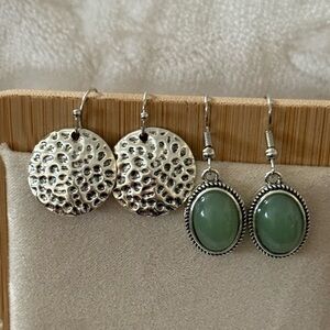 Textured Silver Disc Earrings + Green Oval Cabochon Dangle Earrings - NWT